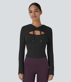 Hooded Drawstring Cut Out Casual Hoodie Sweatshirt — Black — view 9