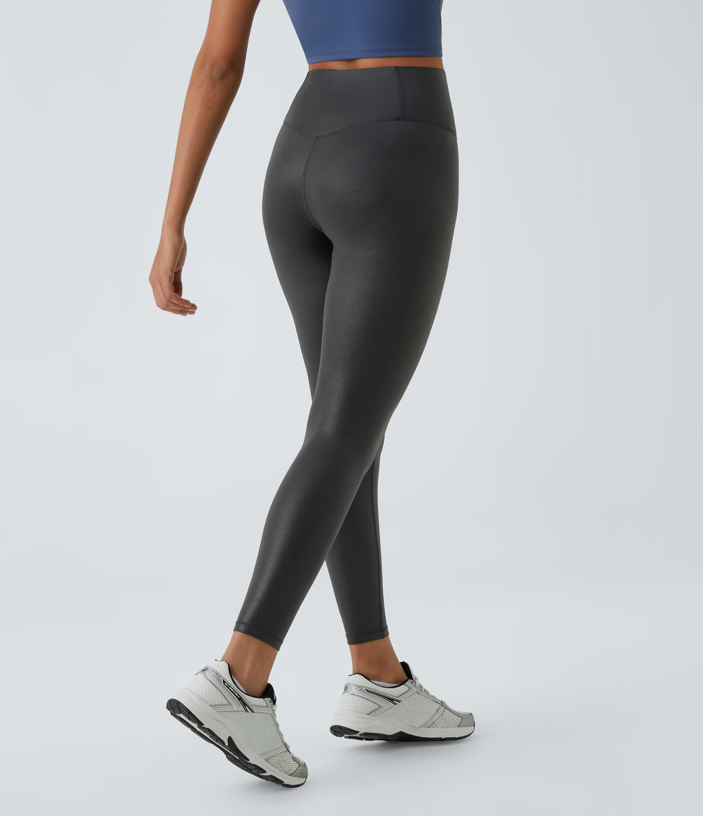 Faux Leather Crossover Back Pocket Foil Print Stretchy Casual Trousers — Shiny Dusk Black — view 2