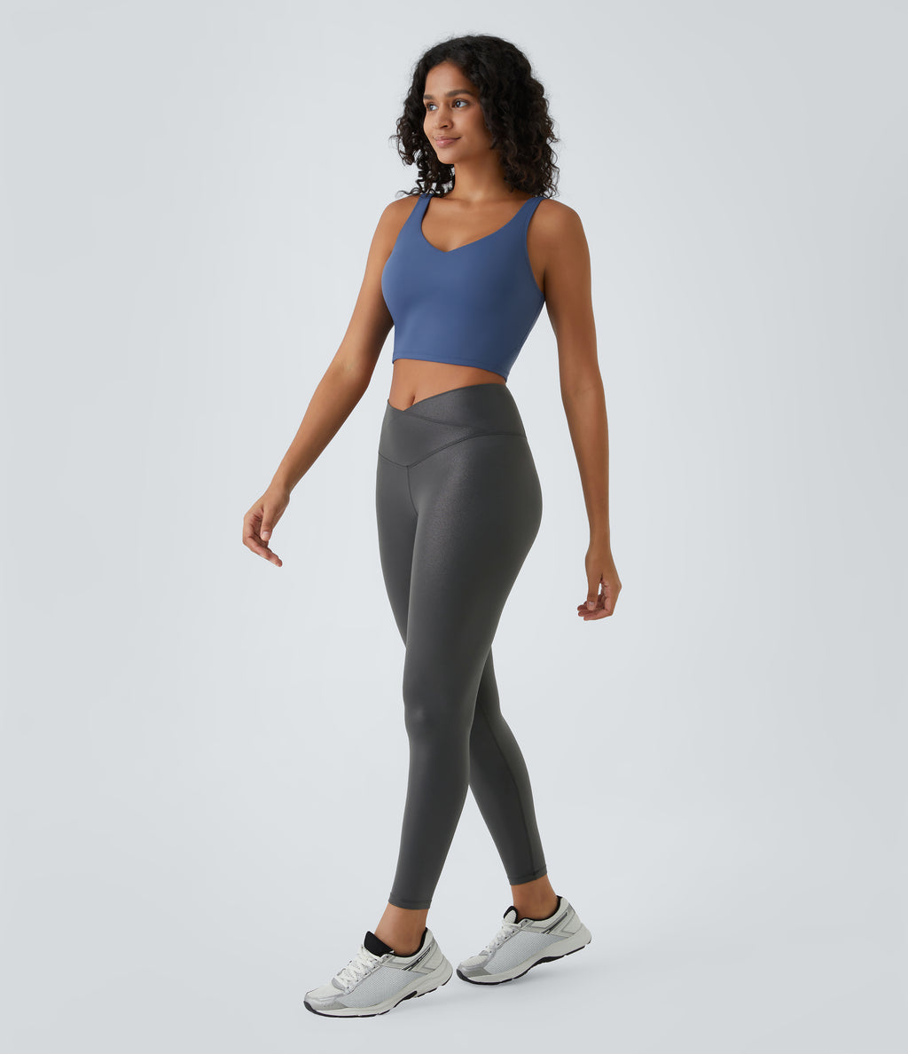 Faux Leather Crossover Back Pocket Foil Print Stretchy Casual Trousers — Shiny Dusk Black — view 6