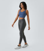 Faux Leather Crossover Back Pocket Foil Print Stretchy Casual Trousers — Shiny Dusk Black — view 6