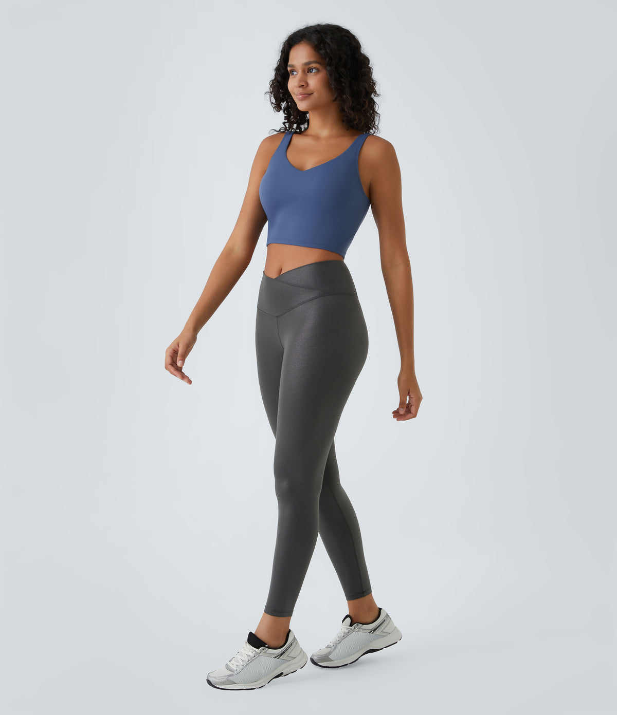 Faux Leather Crossover Back Pocket Foil Print Stretchy Casual Trousers — Shiny Dusk Black — view 6
