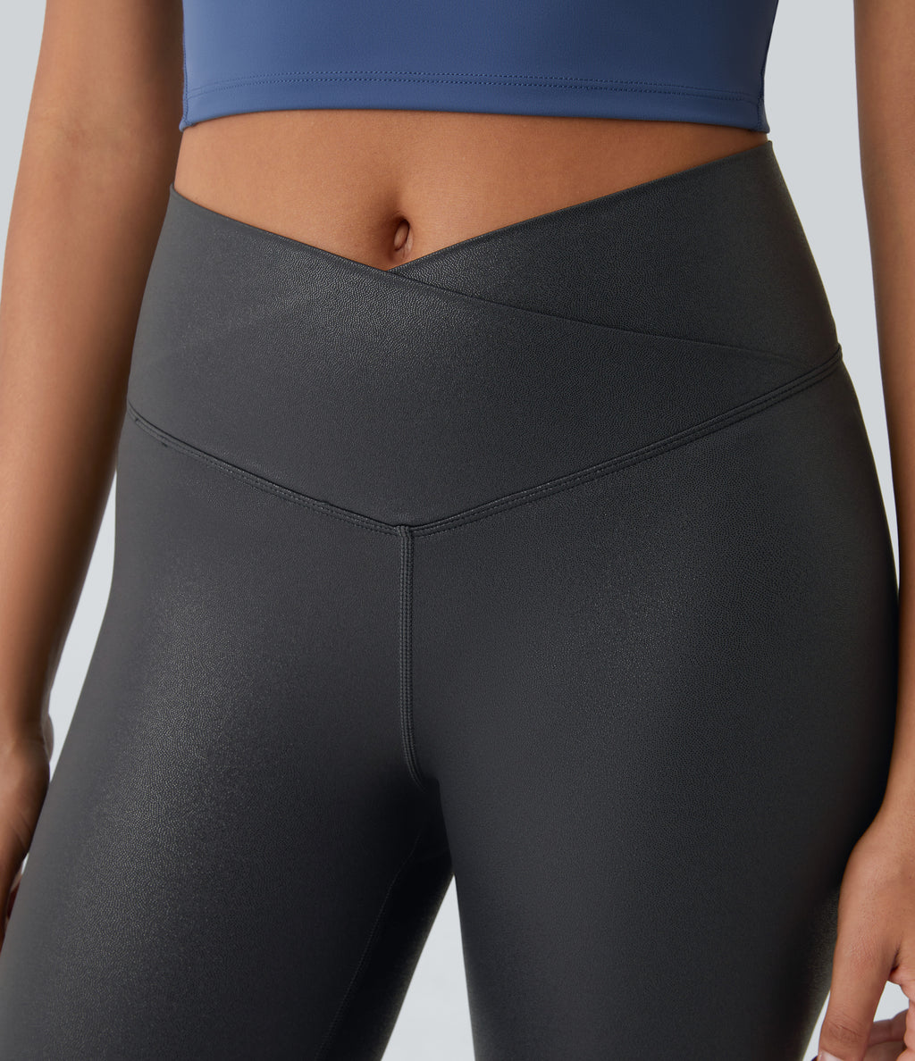 Faux Leather Crossover Back Pocket Foil Print Stretchy Casual Trousers — Shiny Dusk Black — view 5