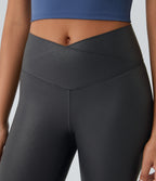 Faux Leather Crossover Back Pocket Foil Print Stretchy Casual Trousers — Shiny Dusk Black — view 5