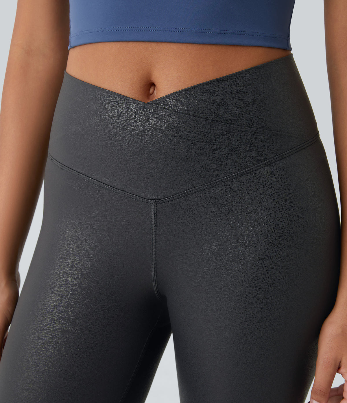 Faux Leather Crossover Back Pocket Foil Print Stretchy Casual Trousers — Shiny Dusk Black — view 5