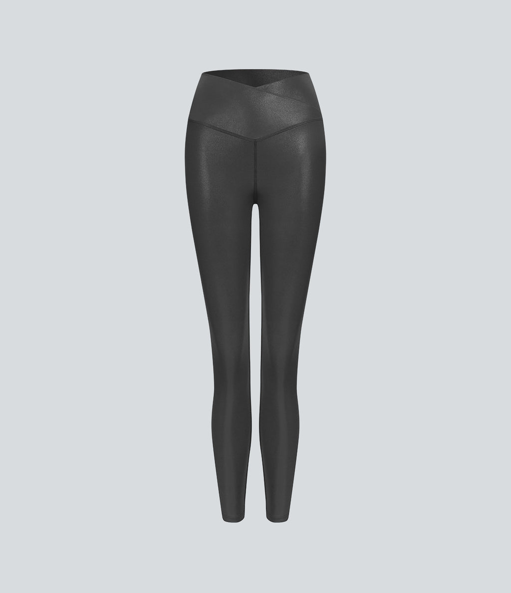 Faux Leather Crossover Back Pocket Foil Print Stretchy Casual Trousers — Shiny Dusk Black — view 7
