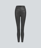 Faux Leather Crossover Back Pocket Foil Print Stretchy Casual Trousers — Shiny Dusk Black — view 7