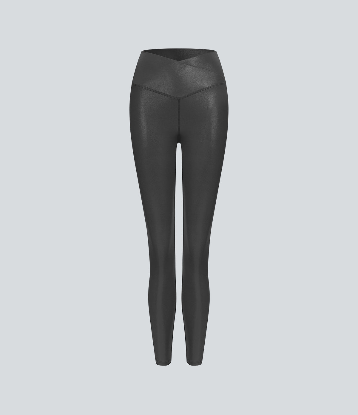 Faux Leather Crossover Back Pocket Foil Print Stretchy Casual Trousers — Shiny Dusk Black — view 7