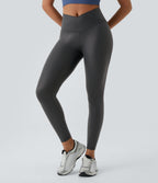 Faux Leather Crossover Back Pocket Foil Print Stretchy Casual Trousers — Shiny Dusk Black — view 3