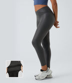 Faux Leather Crossover Back Pocket Foil Print Stretchy Casual Trousers — Shiny Dusk Black — view 1