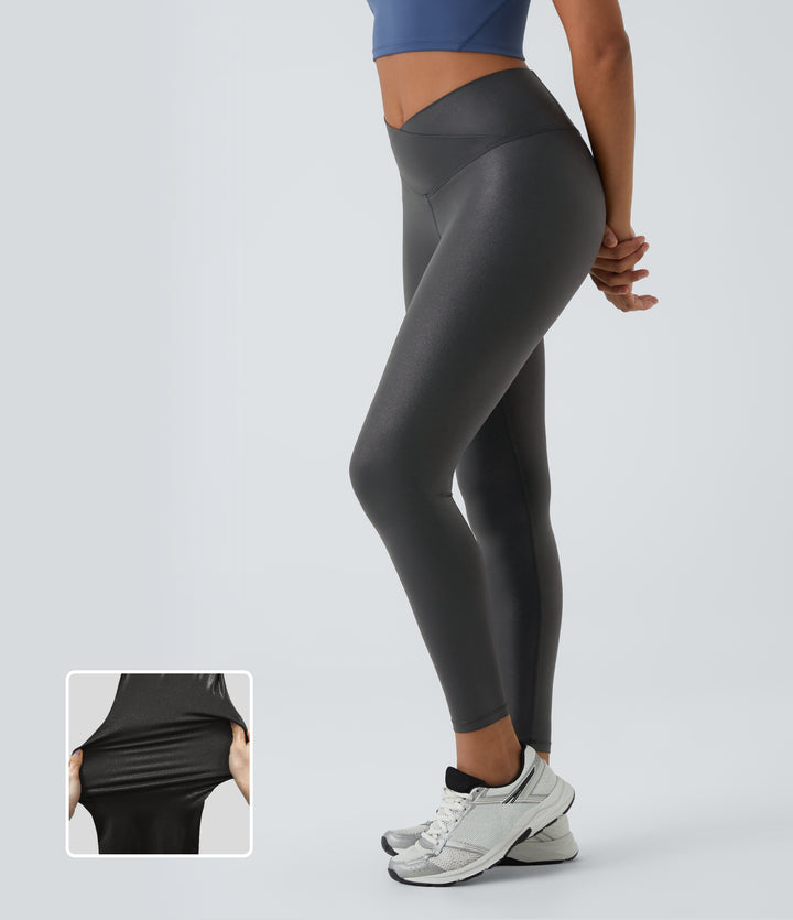 Faux Leather Crossover Back Pocket Foil Print Stretchy Casual Trousers — Shiny Dusk Black — view 1
