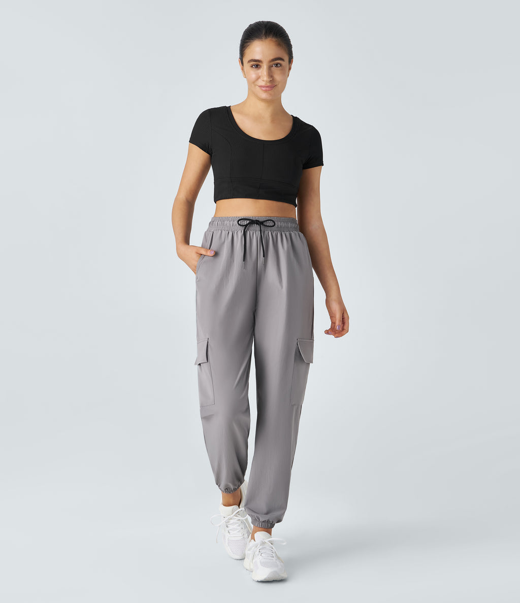 Mid Rise Drawstring Side Pocket Casual Cargo Joggers — Mourning Dove — view 6