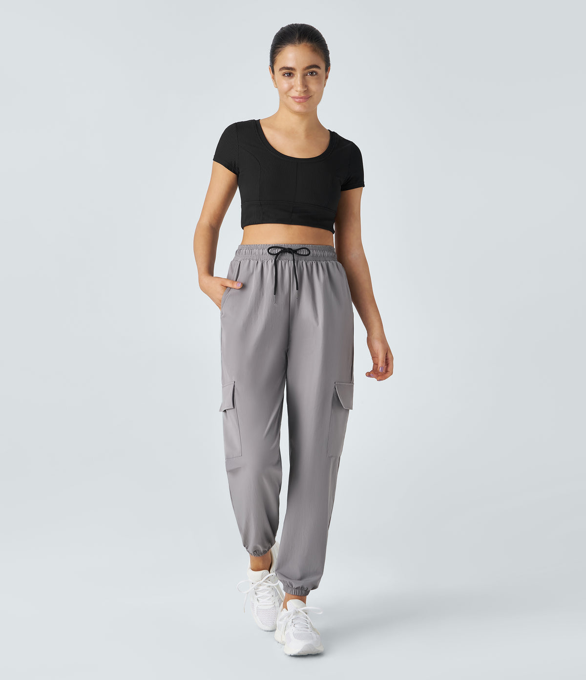 Mid Rise Drawstring Side Pocket Casual Cargo Joggers — Mourning Dove — view 6