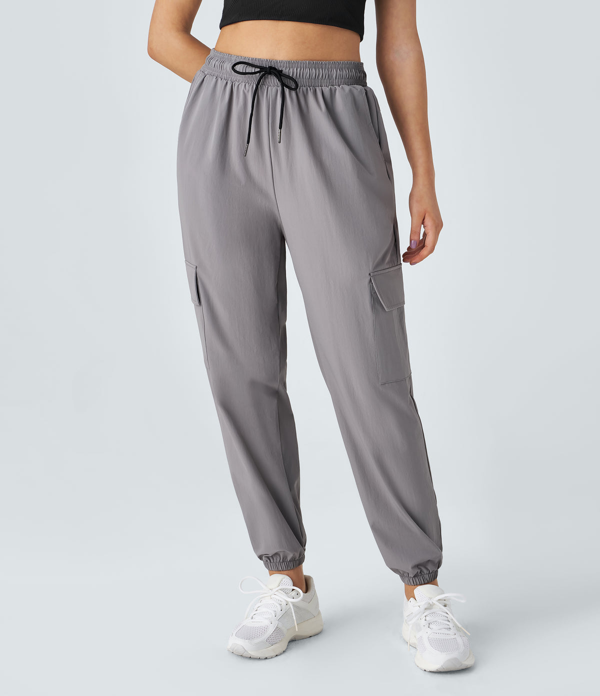Mid Rise Drawstring Side Pocket Casual Cargo Joggers — Mourning Dove — view 2