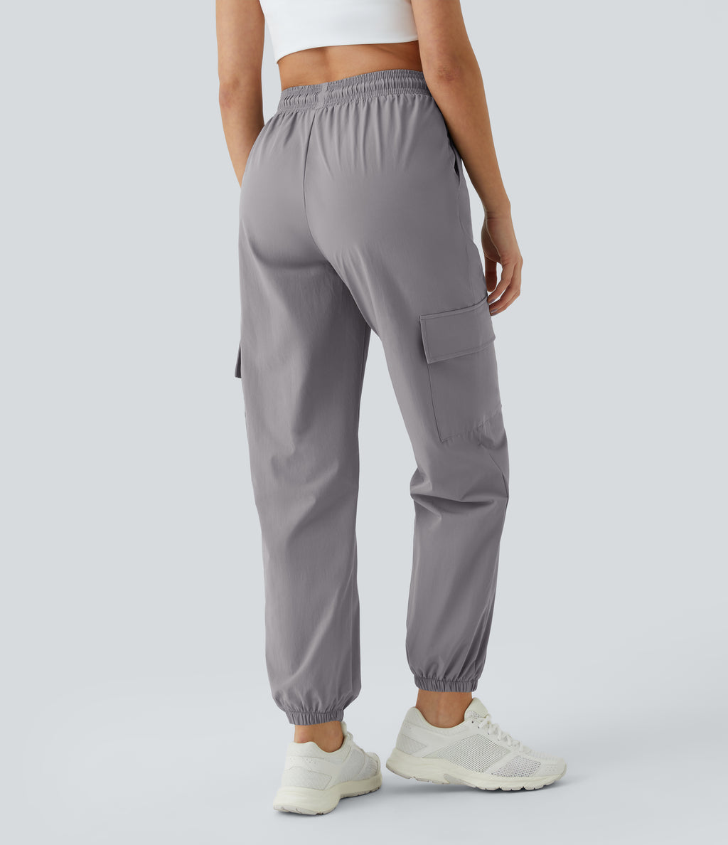 Mid Rise Drawstring Side Pocket Casual Cargo Joggers — Mourning Dove — view 1