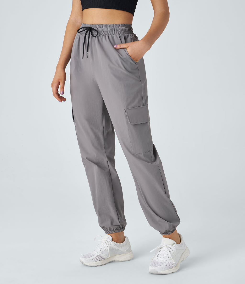 Mid Rise Drawstring Side Pocket Casual Cargo Joggers — Mourning Dove — view 3
