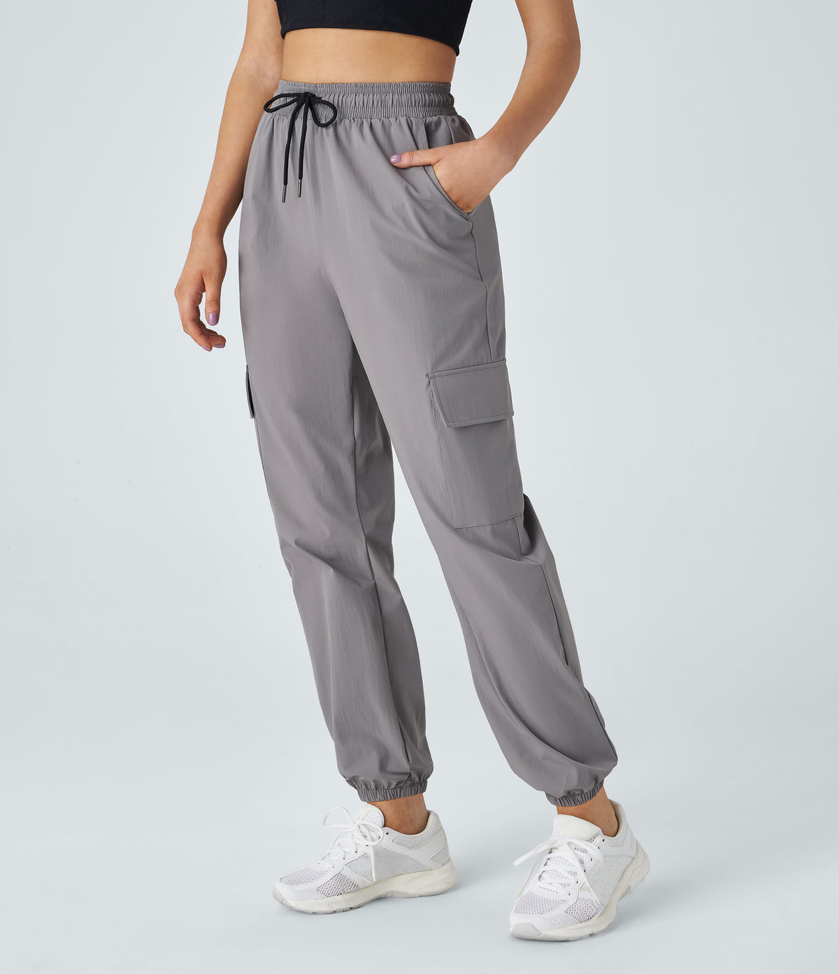 Mid Rise Drawstring Side Pocket Casual Cargo Joggers — Mourning Dove — view 3