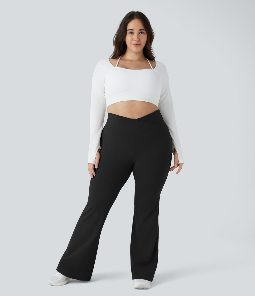 Crossover High Waisted Pocket Plus Size Leggings — Black — view 7