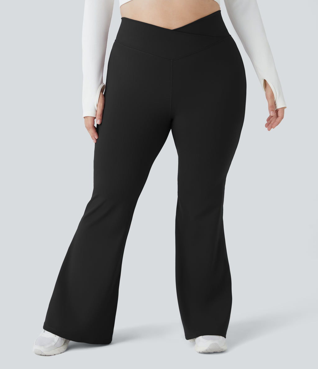 Crossover High Waisted Pocket Plus Size Leggings — Black — view 3