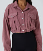 Collared Button Pocket Cropped Corduroy Casual Jacket — Deco Rose — view 4