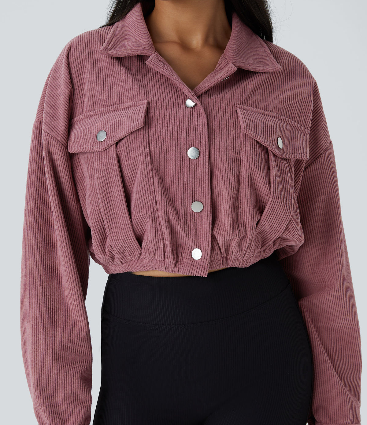 Collared Button Pocket Cropped Corduroy Casual Jacket — Deco Rose — view 4
