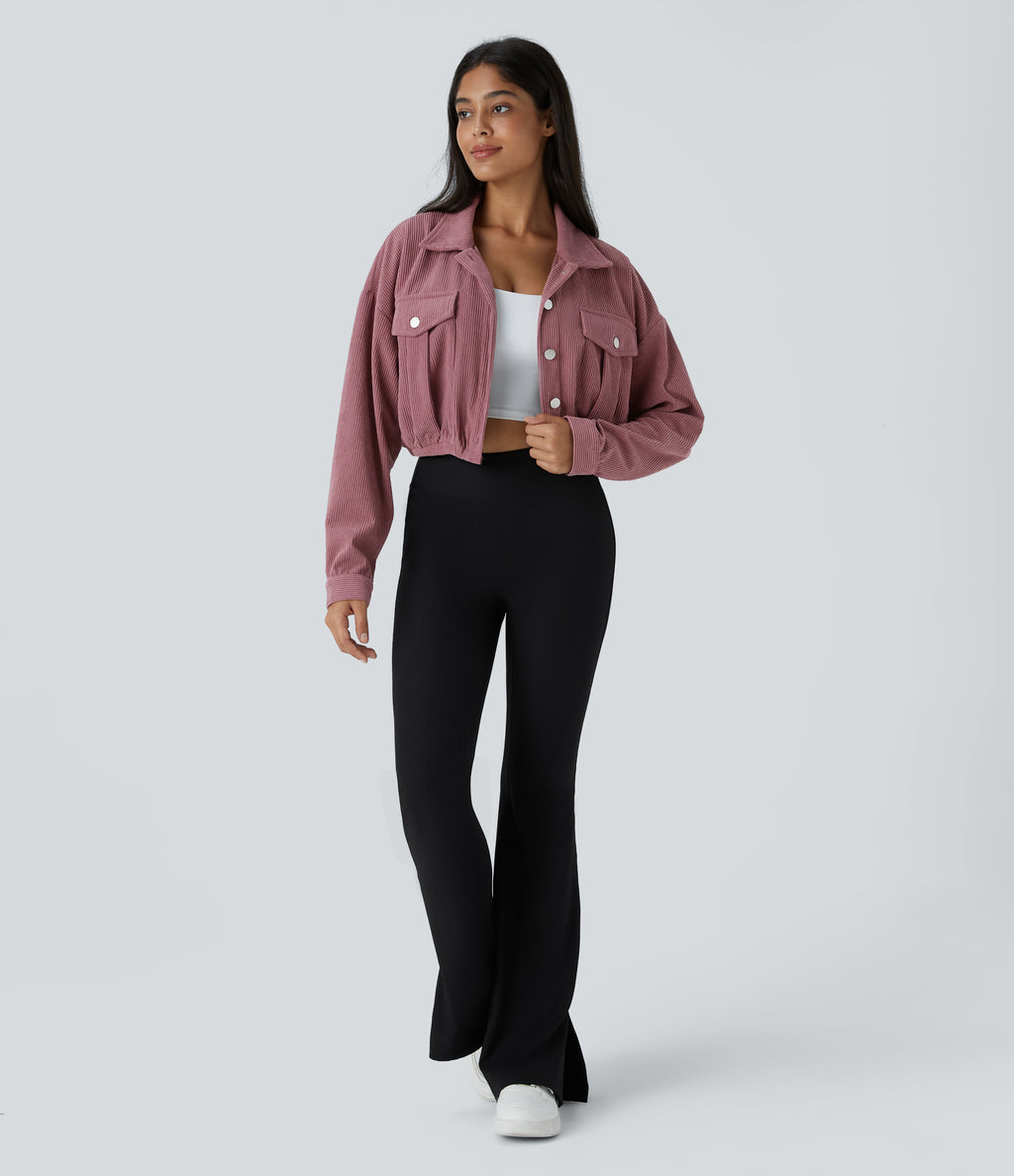 Collared Button Pocket Cropped Corduroy Casual Jacket — Deco Rose — view 5