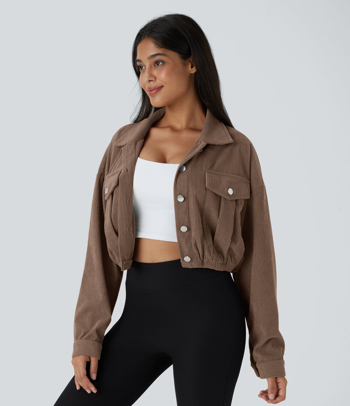 Collared Button Pocket Cropped Corduroy Casual Jacket — Coca Mocha — view 6
