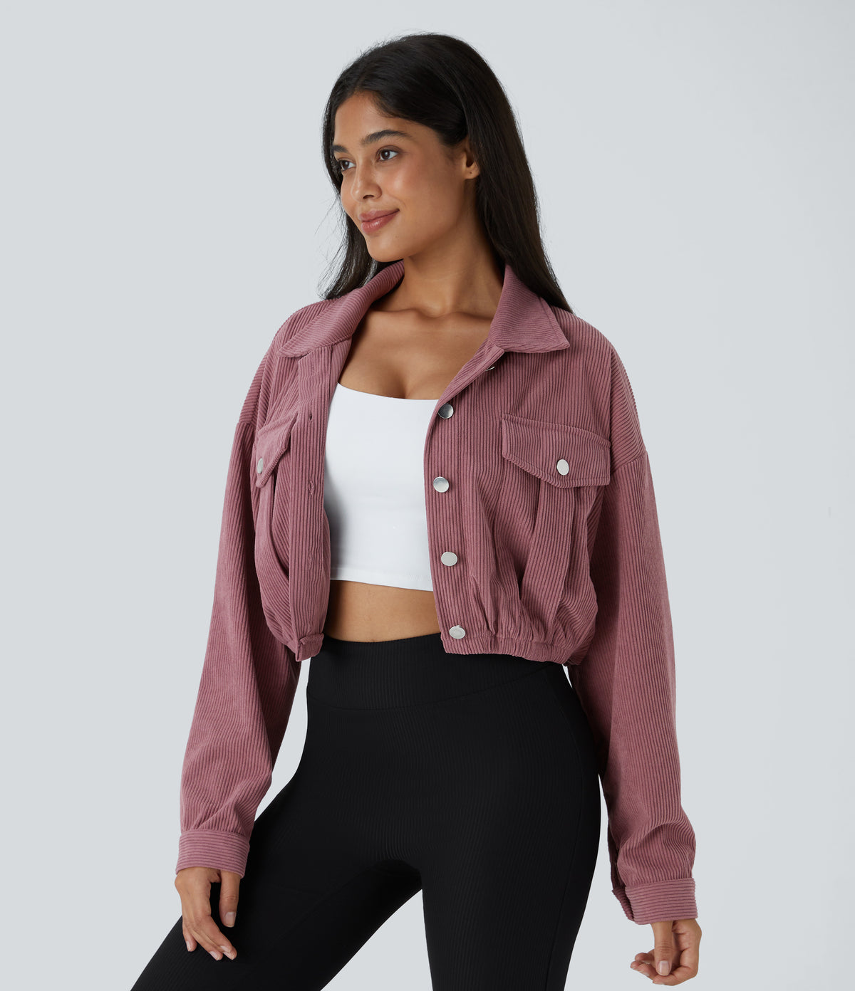 Collared Button Pocket Cropped Corduroy Casual Jacket — Deco Rose — view 1
