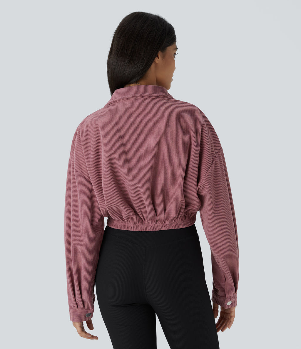 Collared Button Pocket Cropped Corduroy Casual Jacket — Deco Rose — view 2