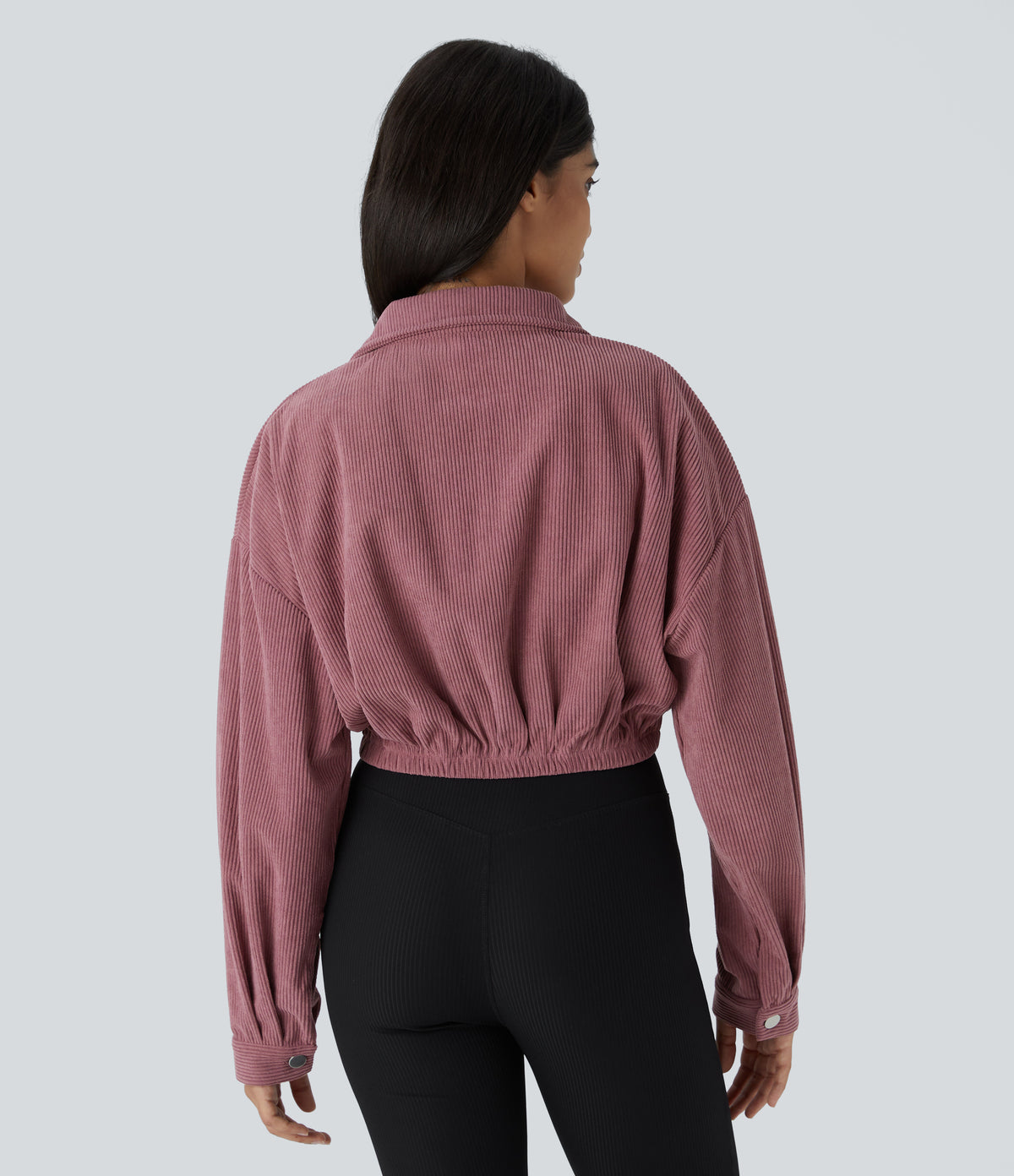 Collared Button Pocket Cropped Corduroy Casual Jacket — Deco Rose — view 2