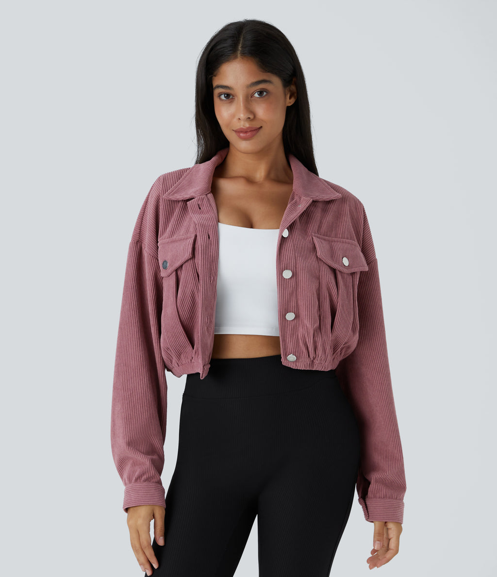 Collared Button Pocket Cropped Corduroy Casual Jacket — Deco Rose — view 3
