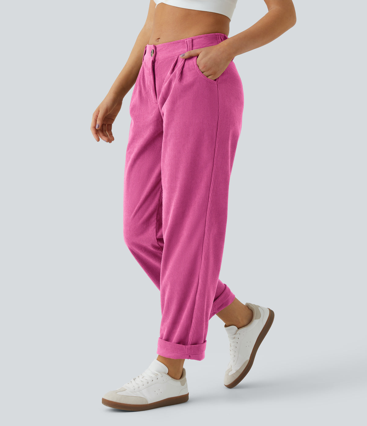 Mid Rise Zipper Pocket Corduroy Casual Trousers — Fedora Red Purple — view 20
