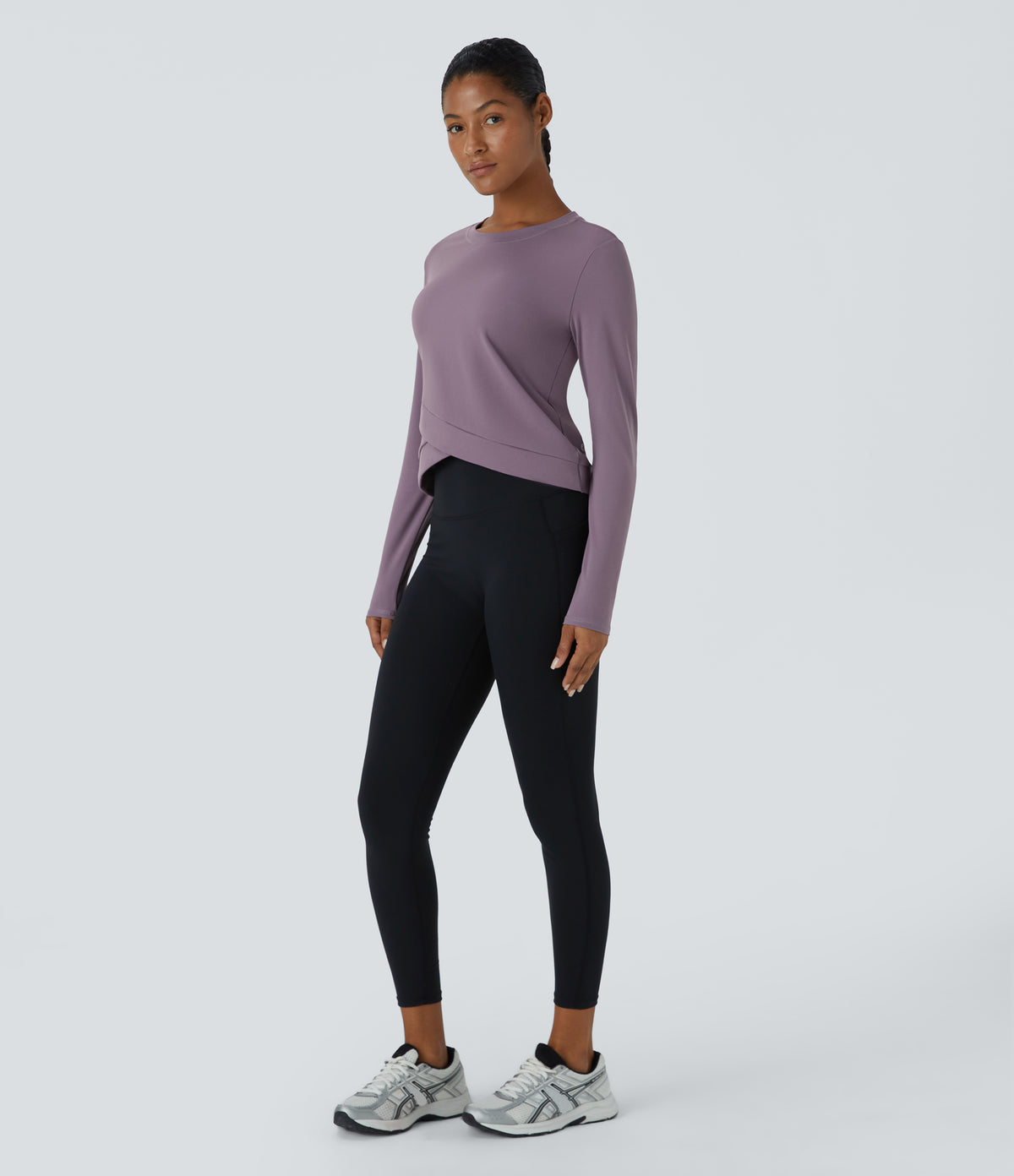 Plush Round Neck Crossover Hem Yoga Sports Top — Tulip Purple — view 6