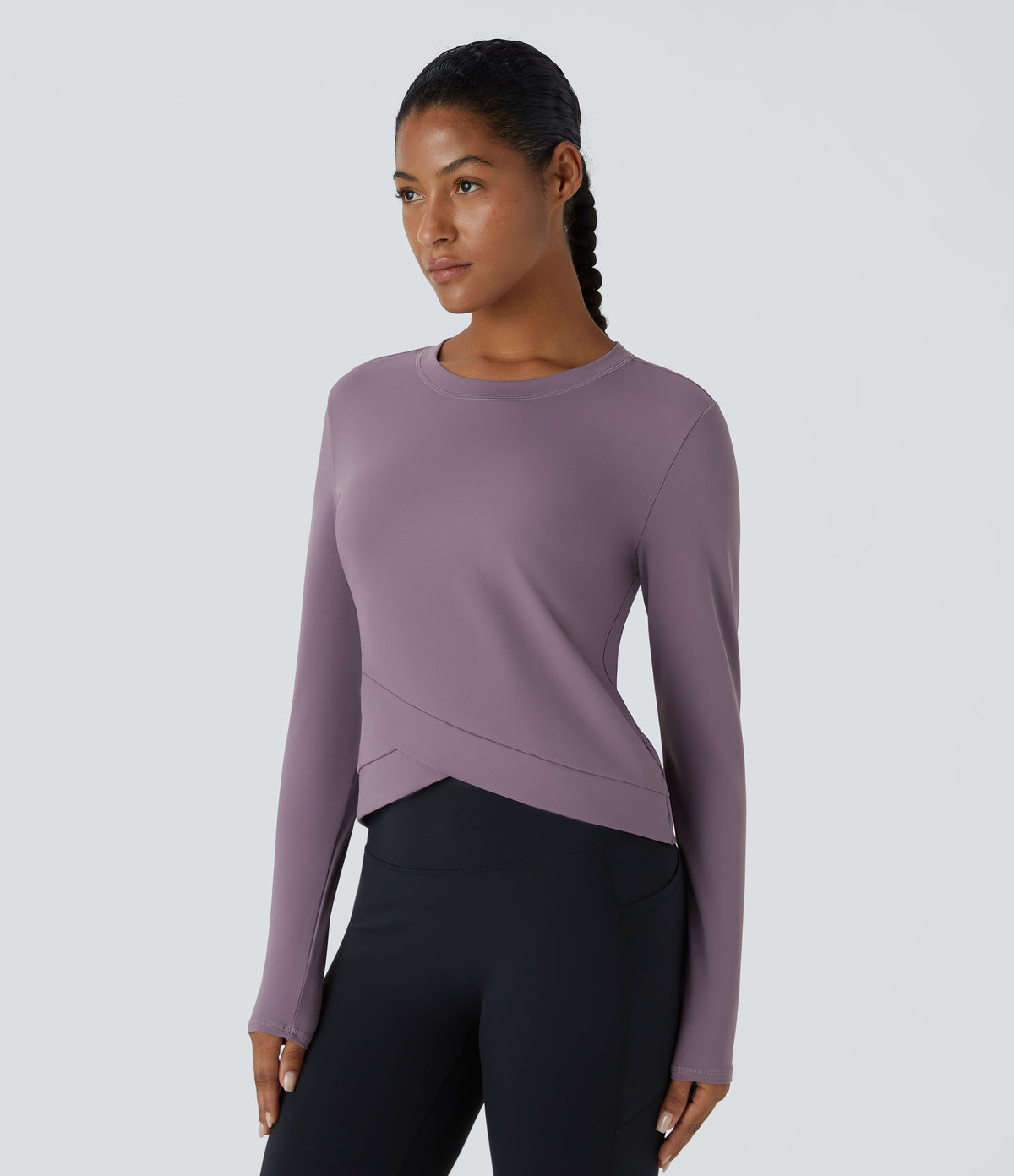 Plush Round Neck Crossover Hem Yoga Sports Top — Tulip Purple — view 3