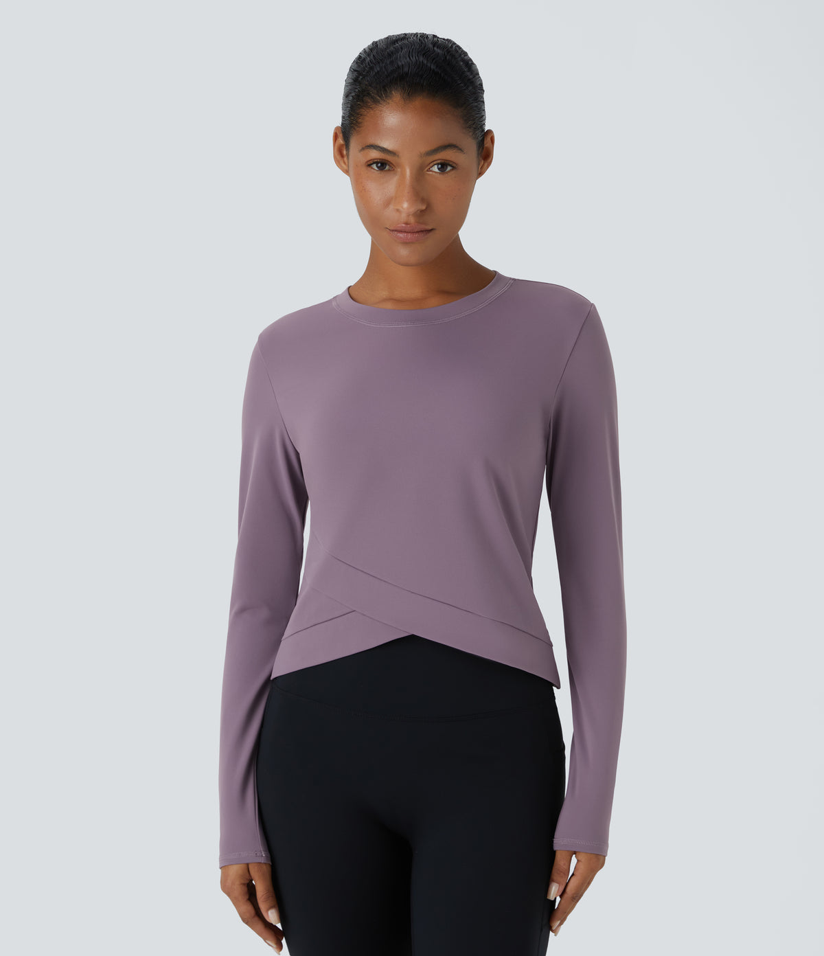 Plush Round Neck Crossover Hem Yoga Sports Top — Tulip Purple — view 1