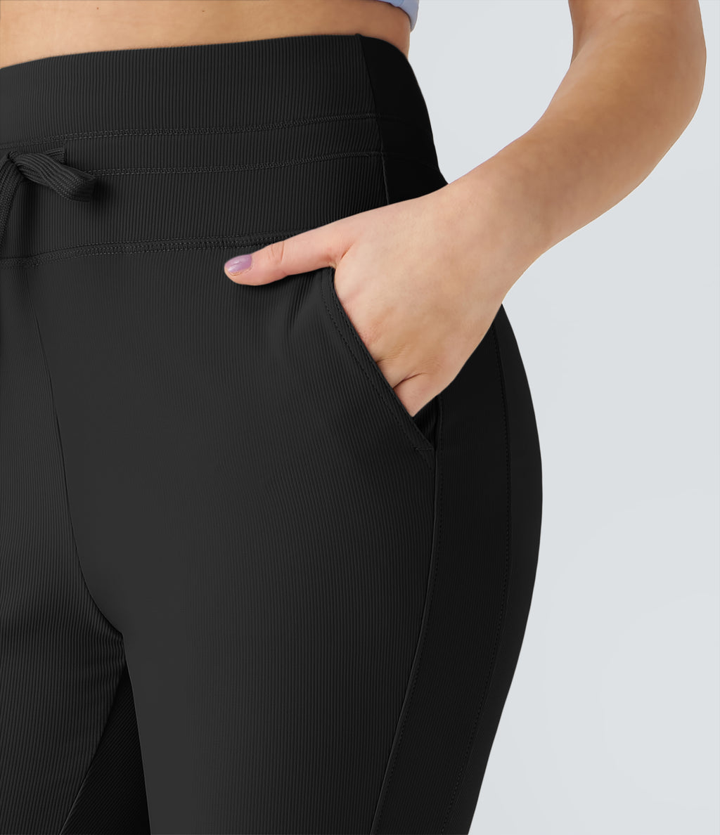 Flow Pet Hair Resistant High Waisted Drawstring Side Pocket Plain Full Length Joggers — Black — view 4