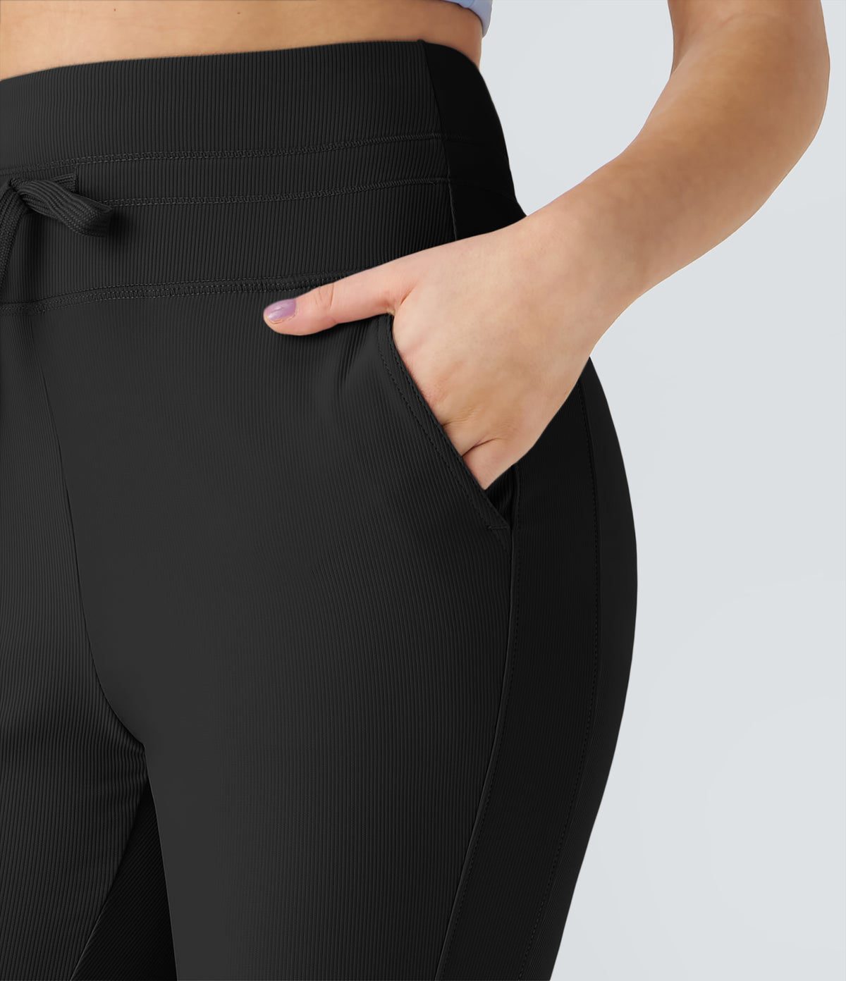 Flow Pet Hair Resistant High Waisted Drawstring Side Pocket Plain Full Length Joggers — Black — view 4