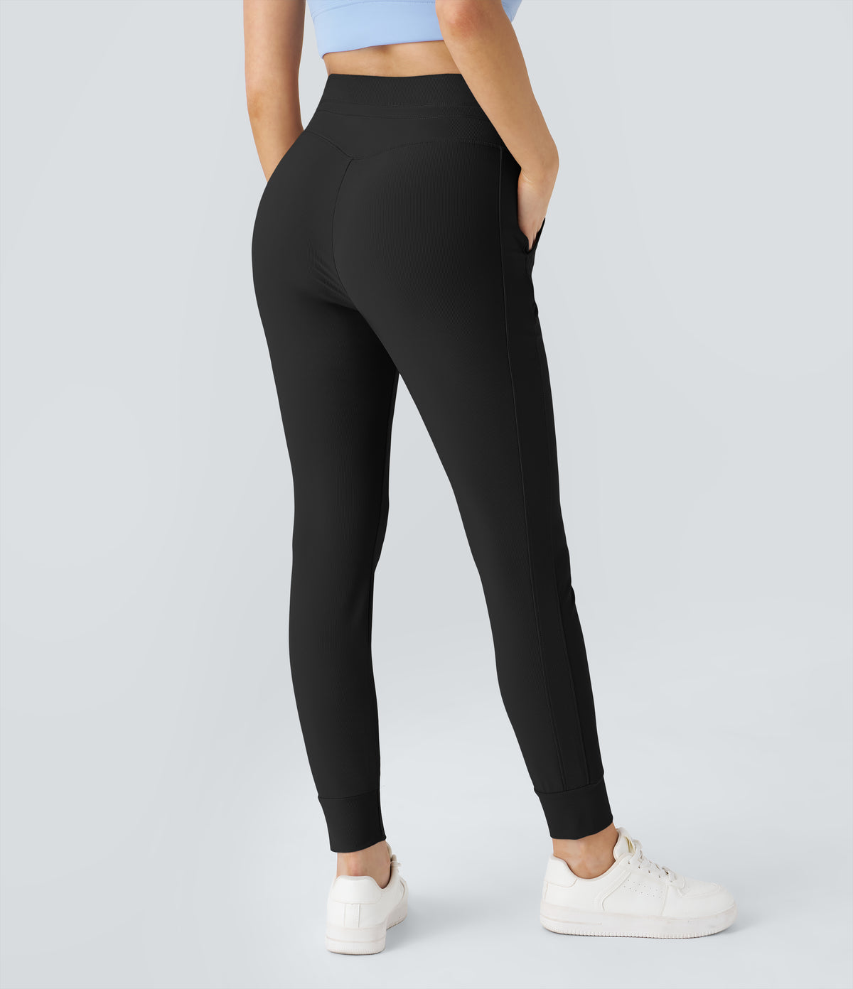 Flow Pet Hair Resistant High Waisted Drawstring Side Pocket Plain Full Length Joggers — Black — view 2