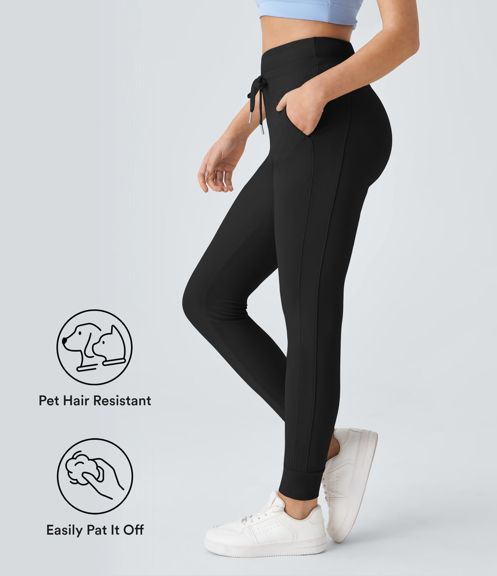 Flow Pet Hair Resistant High Waisted Drawstring Side Pocket Plain Full Length Joggers — Black — view 1