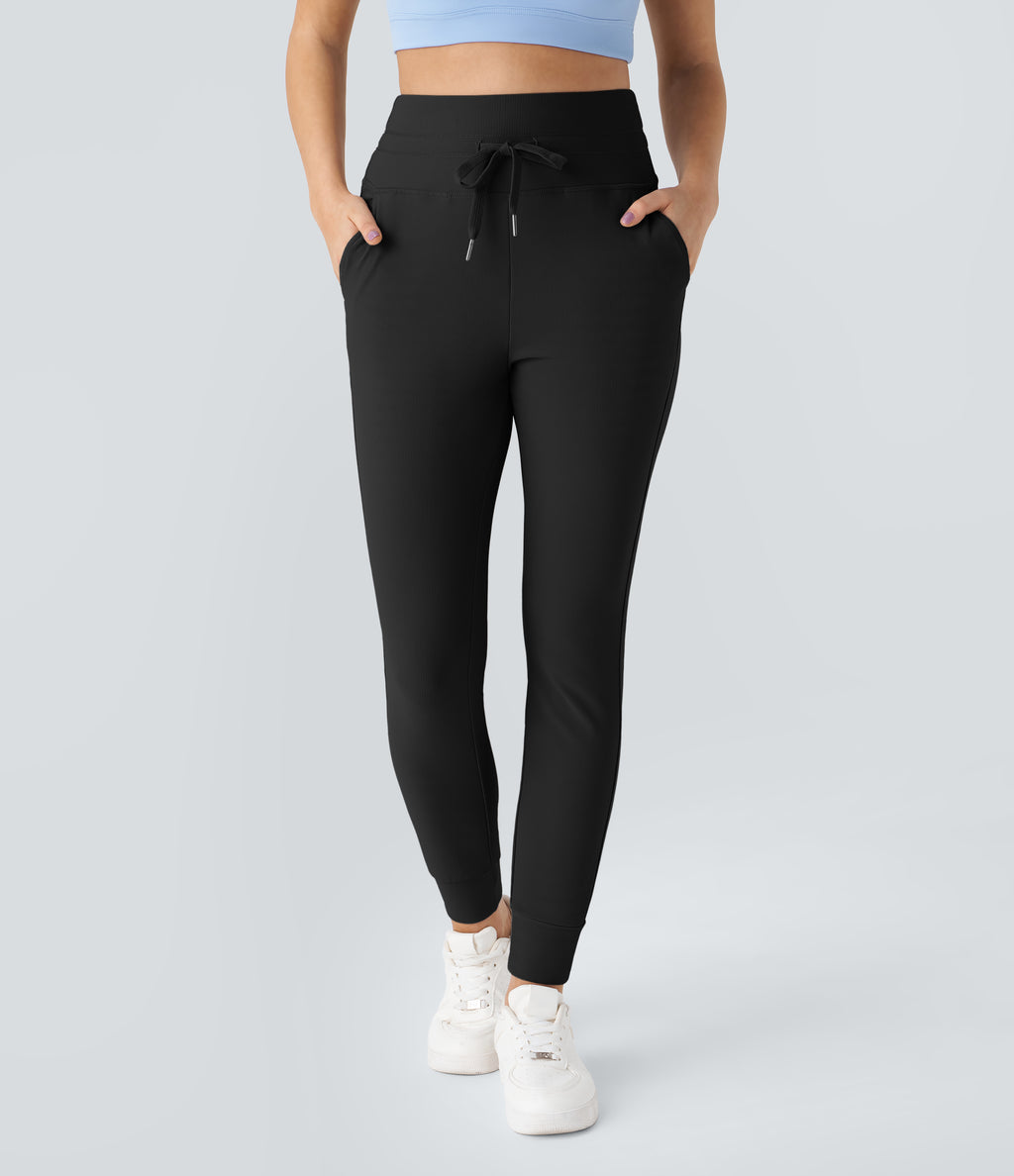 Flow Pet Hair Resistant High Waisted Drawstring Side Pocket Plain Full Length Joggers — Black — view 3