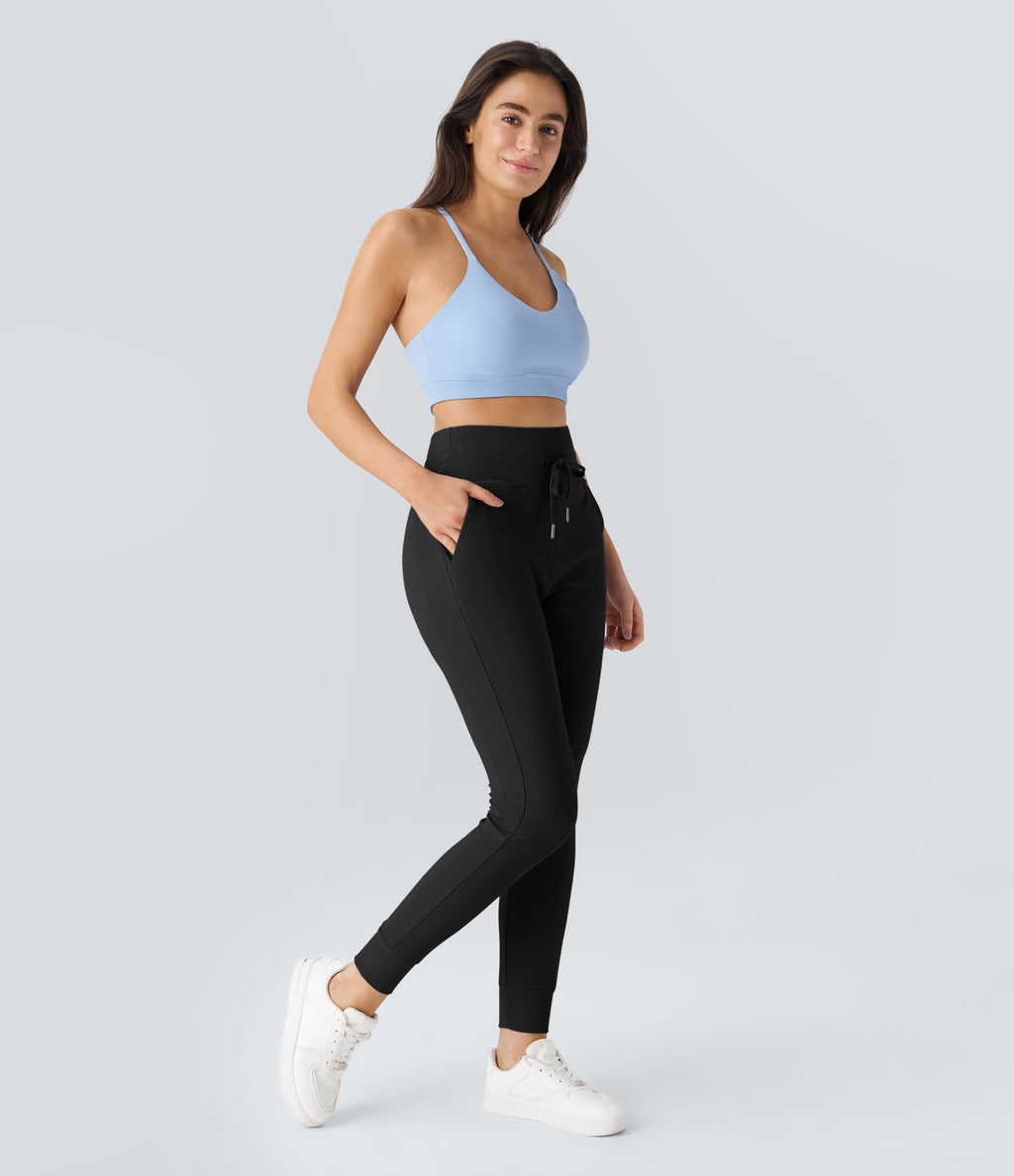 Flow Pet Hair Resistant High Waisted Drawstring Side Pocket Plain Full Length Joggers — Black — view 5