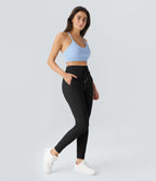 Flow Pet Hair Resistant High Waisted Drawstring Side Pocket Plain Full Length Joggers — Black — view 5