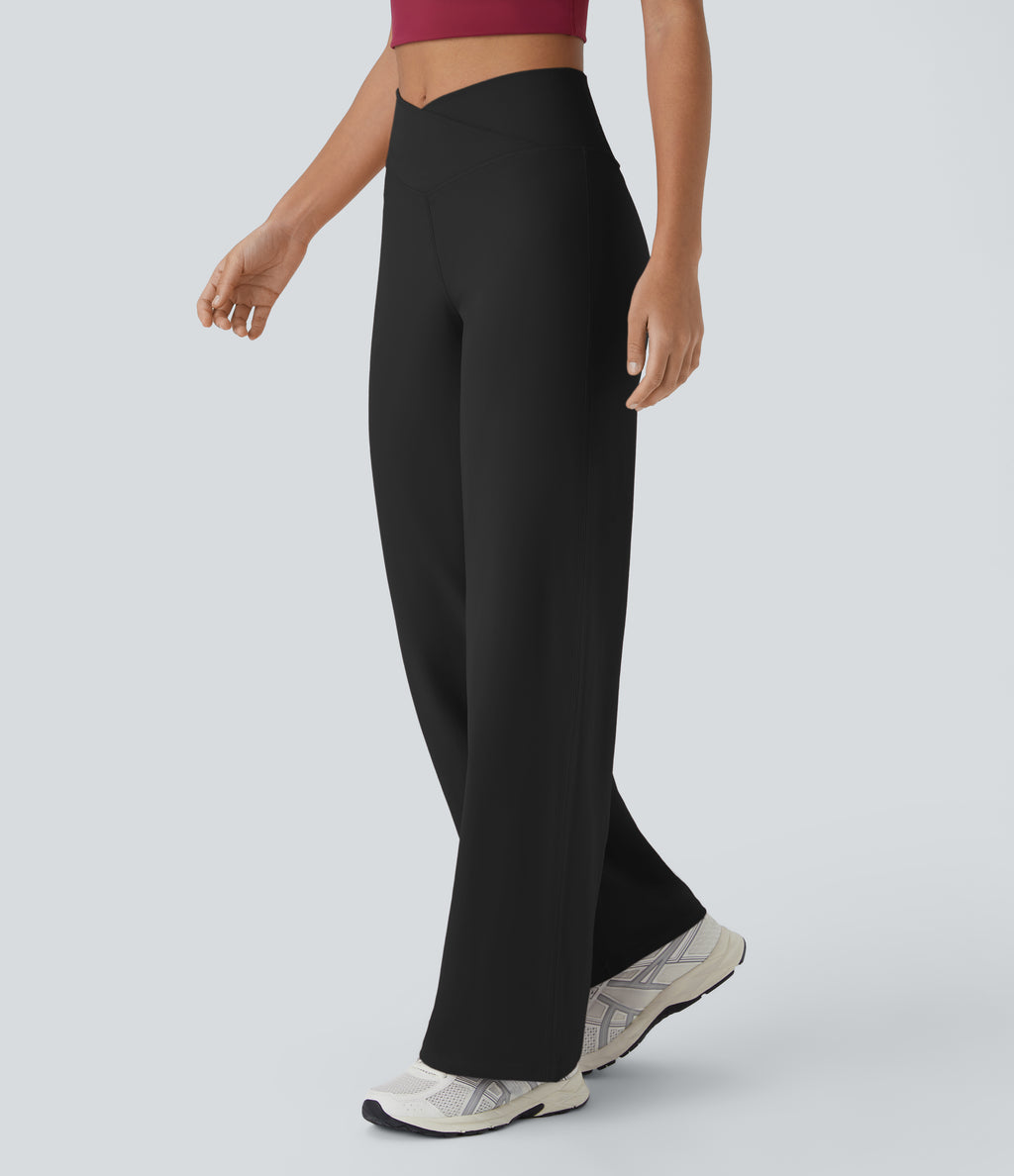 Crossover High Waisted Pocket Wide Leg Yoga Trousers — Black — view 3