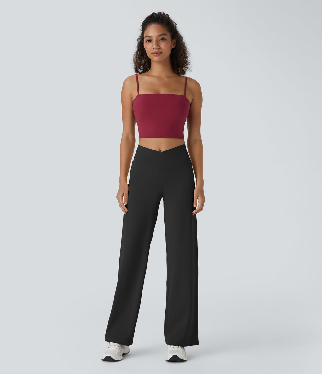 Crossover High Waisted Pocket Wide Leg Yoga Trousers — Black — view 6