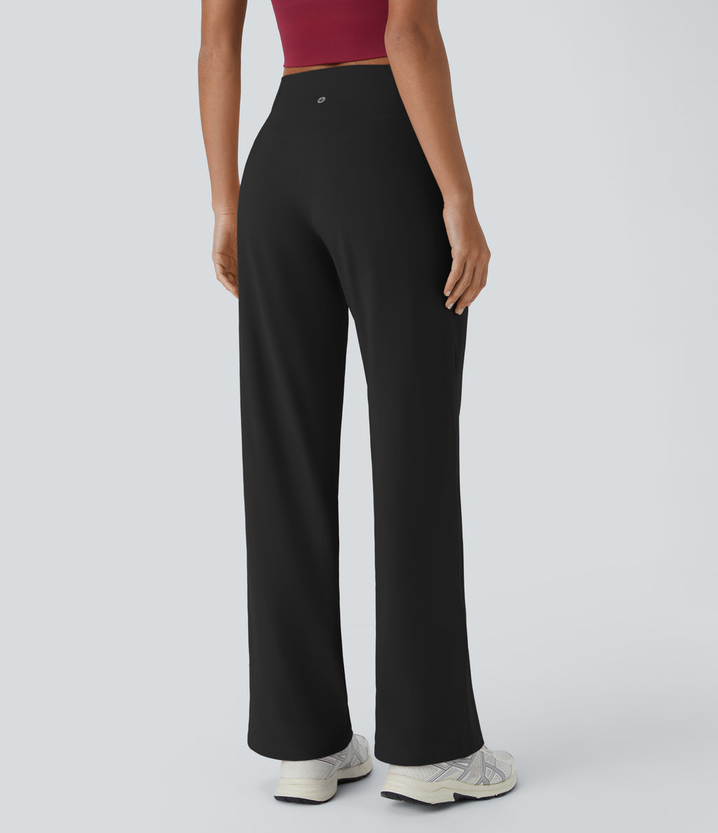 Crossover High Waisted Pocket Wide Leg Yoga Trousers — Black — view 2