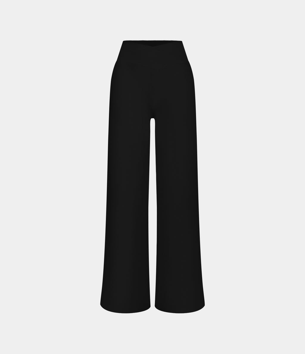 Crossover High Waisted Pocket Wide Leg Yoga Trousers — Black — view 7