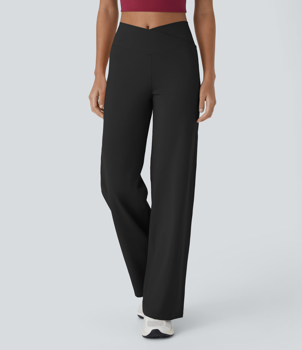 Crossover High Waisted Pocket Wide Leg Yoga Trousers — Black — view 1