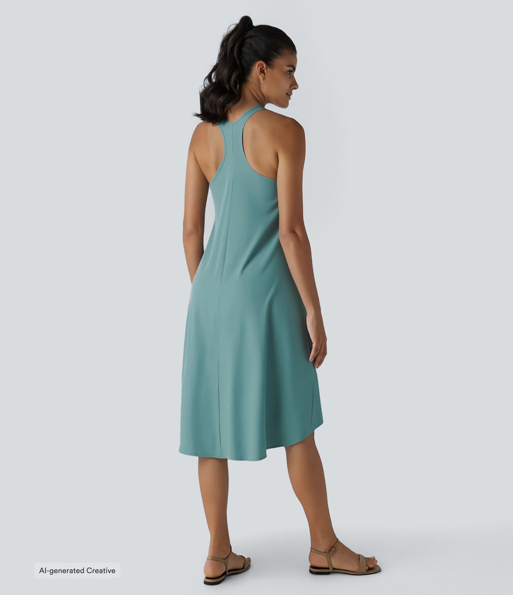 RacerPocket High Low Flowy Midi Quick Dry Casual Dress — Stone Blue — view 2