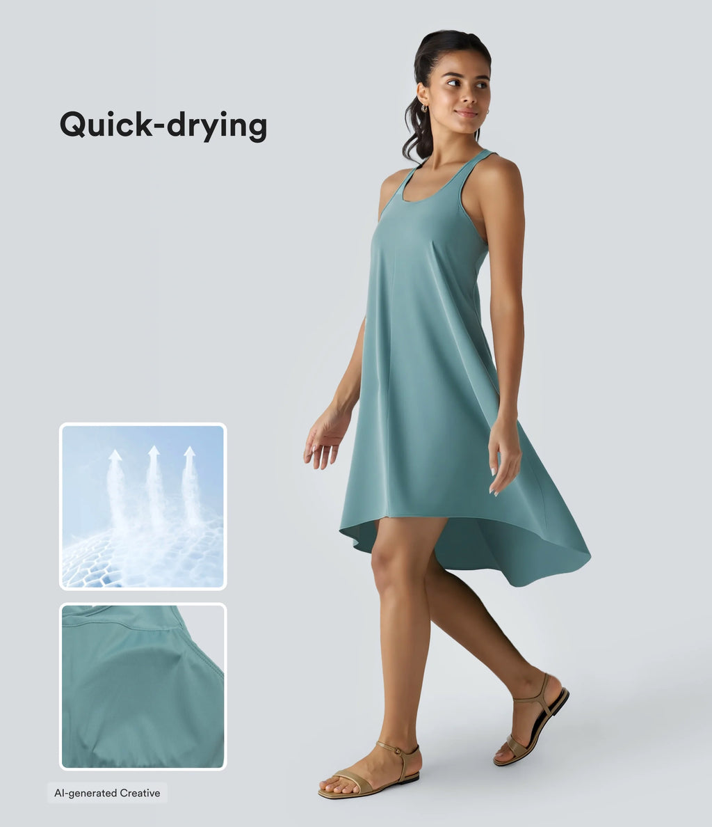 RacerPocket High Low Flowy Midi Quick Dry Casual Dress — Stone Blue — view 1