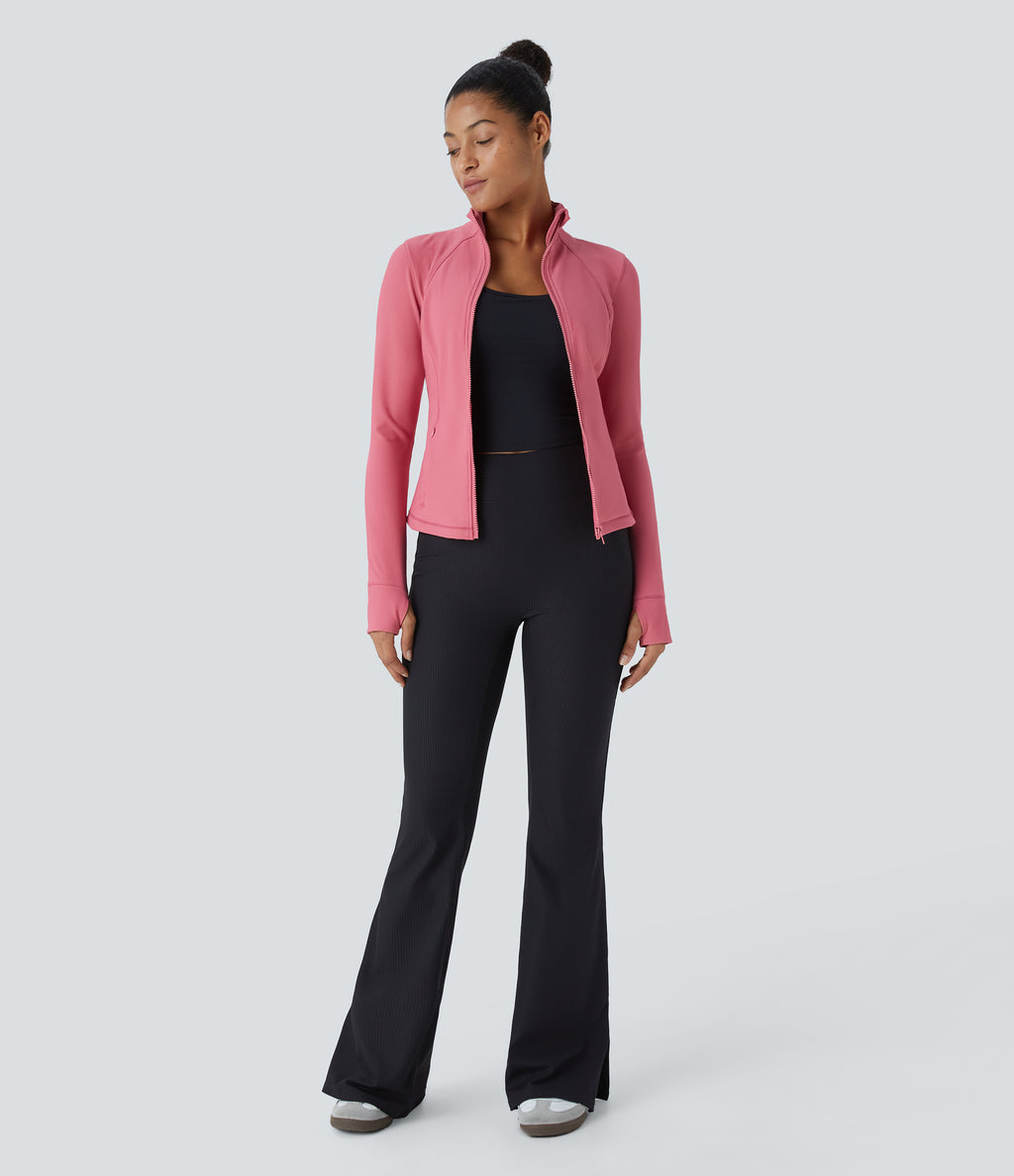 Flow Pet Hair Resistant Stand Collar Zipper Side Pocket Thumb Hole Cropped Casual Jacket — Desert Rose — view 8