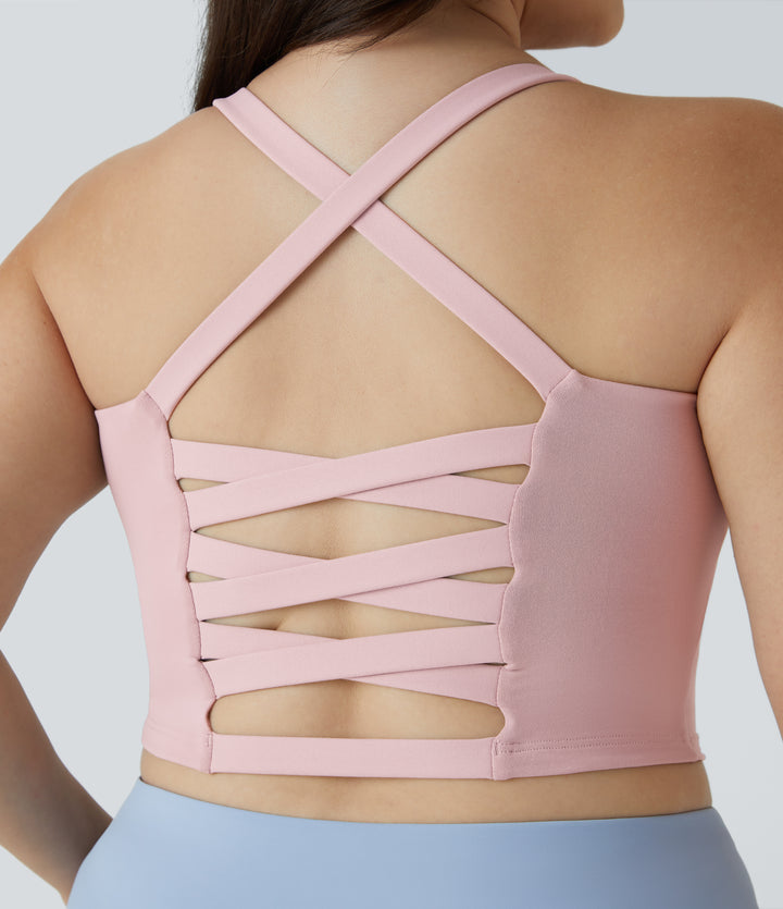 Crisscross Backless Cropped Yoga Plus Size Tank Vest Top — Peachskin — view 1